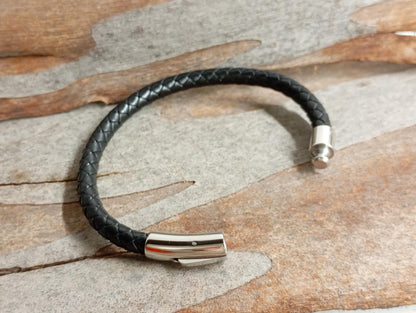 Men's Braided Leather Bracelet – Thick Black Rope with Stainless Steel Button Closure, Minimalist Gift for Him, Handmade Men's Jewelry
