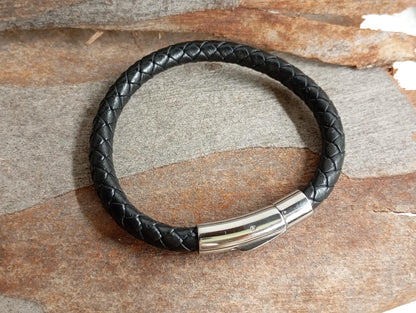 Men's Braided Leather Bracelet – Thick Black Rope with Stainless Steel Button Closure, Minimalist Gift for Him, Handmade Men's Jewelry