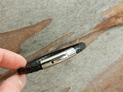 Men's Braided Leather Bracelet – Thick Black Rope with Stainless Steel Button Closure, Minimalist Gift for Him, Handmade Men's Jewelry