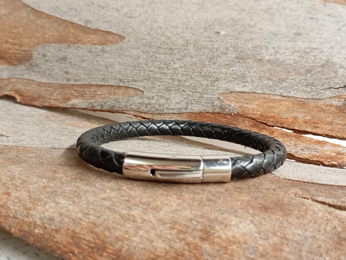 Men's Braided Leather Bracelet – Thick Black Rope with Stainless Steel Button Closure, Minimalist Gift for Him, Handmade Men's Jewelry