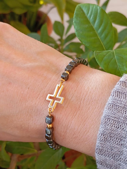 Hematite bracelet with gold plated hollow cross, hematite cubes beads, Gemstone, Healing, Energy, Grounding, Protection believer prayer