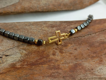 Hematite bracelet with gold plated hollow cross, hematite cubes beads, Gemstone, Healing, Energy, Grounding, Protection believer prayer
