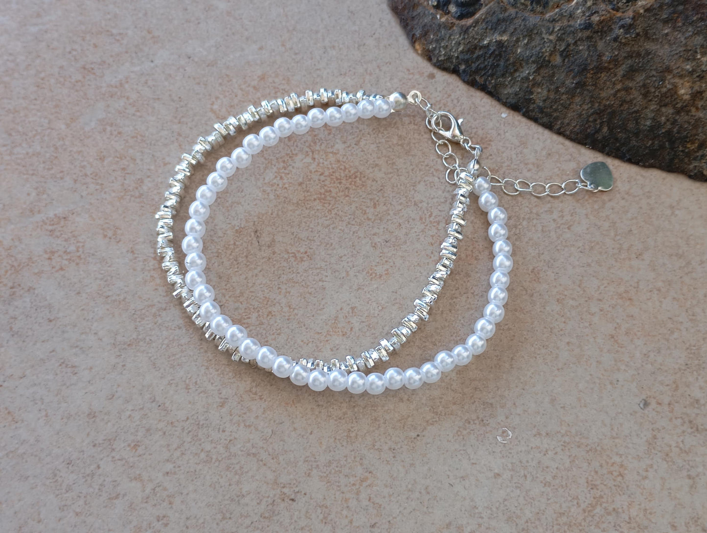 Sterling Silver Bracelet with White Pearl Beads