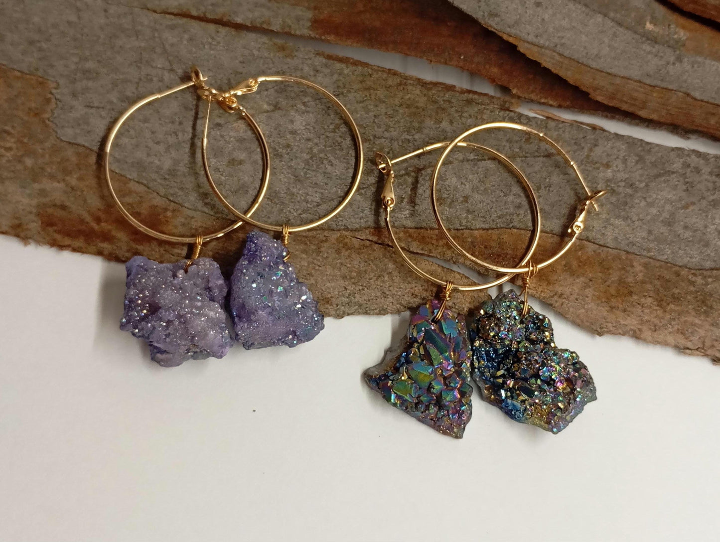 Blue aura Druzy quartz crystal cluster  Hoop Earrings, circle dangle earrings, protection healing, gorgeous,dainty charm earrings, gem
