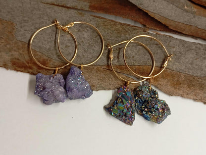 Blue aura Druzy quartz crystal cluster  Hoop Earrings, circle dangle earrings, protection healing, gorgeous,dainty charm earrings, gem