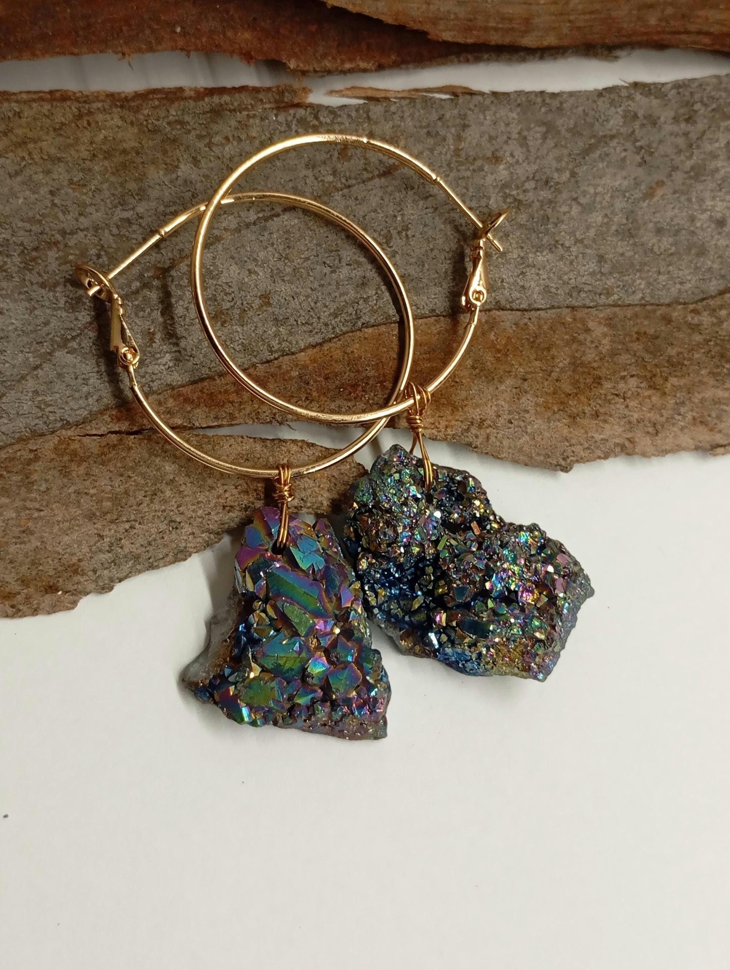 Blue aura Druzy quartz crystal cluster  Hoop Earrings, circle dangle earrings, protection healing, gorgeous,dainty charm earrings, gem