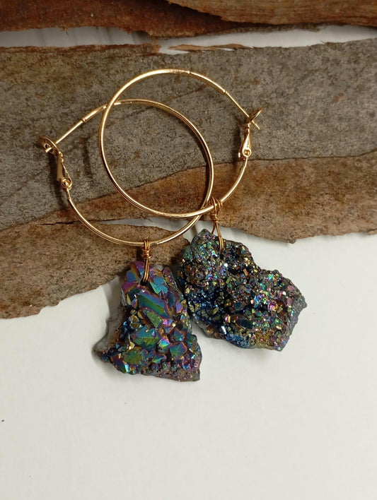 Blue aura Druzy quartz crystal cluster  Hoop Earrings, circle dangle earrings, protection healing, gorgeous,dainty charm earrings, gem
