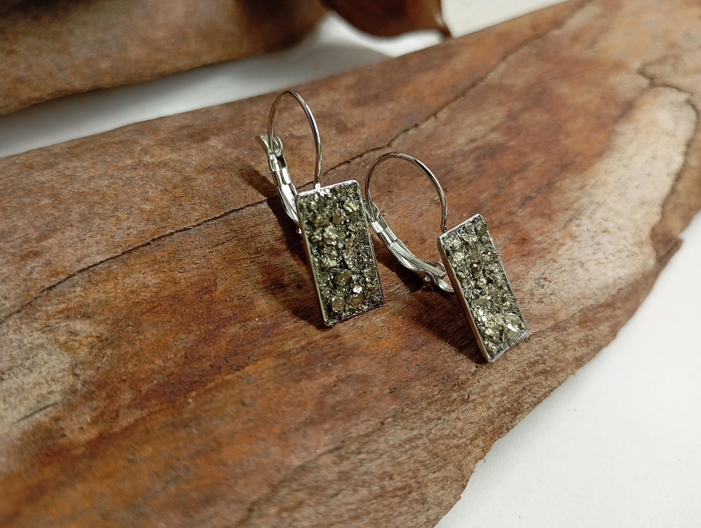 Pyrite rectangular Earrings, Healing Protection, Catching eye, Sparkly crystals, Dainty Elegant Evening Wedding Party Natural Gemstone