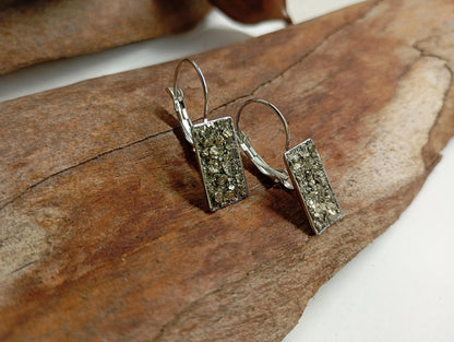 Pyrite rectangular Earrings, Healing Protection, Catching eye, Sparkly crystals, Dainty Elegant Evening Wedding Party Natural Gemstone