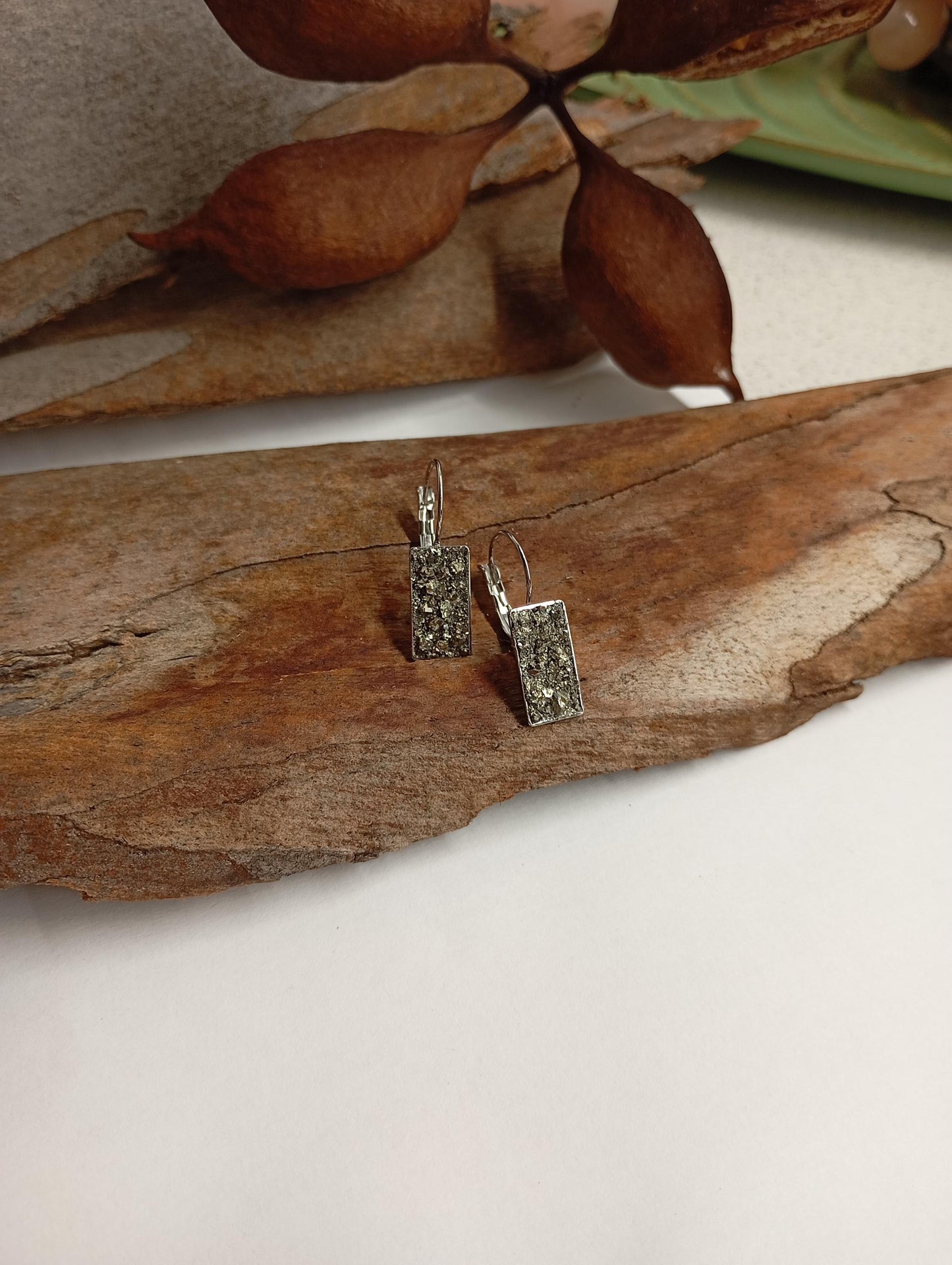 Pyrite rectangular Earrings, Healing Protection, Catching eye, Sparkly crystals, Dainty Elegant Evening Wedding Party Natural Gemstone