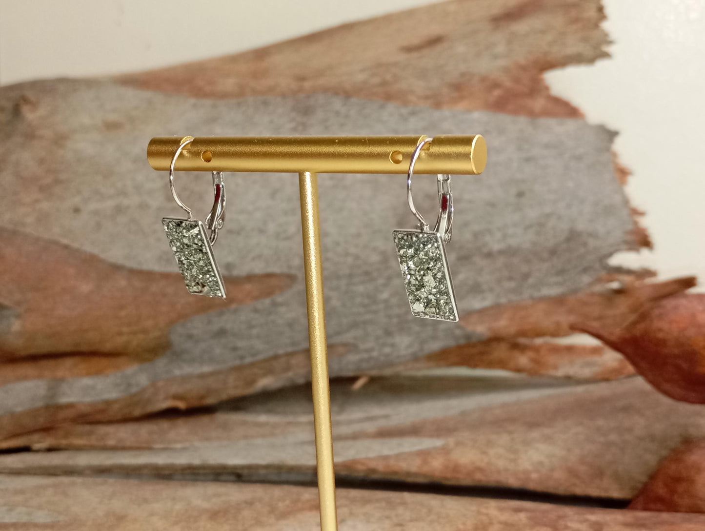 Pyrite rectangular Earrings, Healing Protection, Catching eye, Sparkly crystals, Dainty Elegant Evening Wedding Party Natural Gemstone