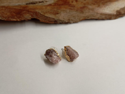 Strawberry Quartz Stud Earrings – Gold Plated Pink Raw Gemstone