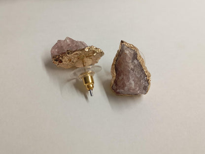 Strawberry Quartz Stud Earrings – Gold Plated Pink Raw Gemstone