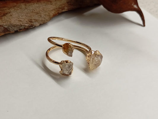 Raw Citrine three crystals gold edge crystal open finger ring, gemstone, exquisite dainty elegant, wedding, gift for women, healing mascot