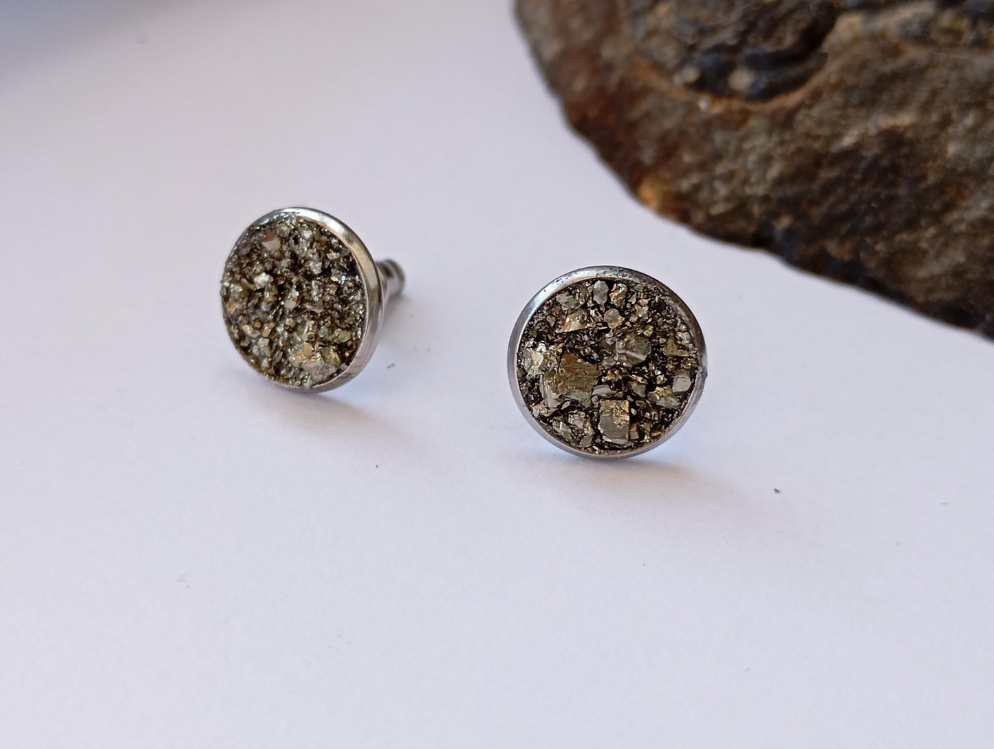 Raw Pyrite Stud Earrings round cabochon studs raw Iron Pyrite cubes jewelry,healing protection dainty handmade gemstone gift for girlfriend