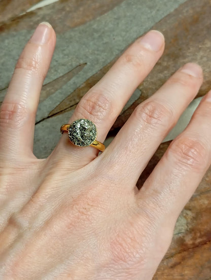 Pyrite ring adjustable stainless steel dainty ring, wealth stone, protection stone ring, natural raw gemstone