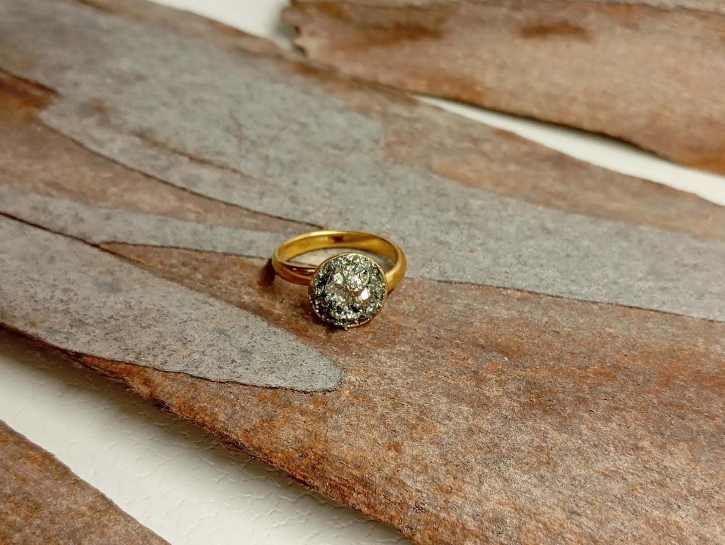 Pyrite ring adjustable stainless steel dainty ring, wealth stone, protection stone ring, natural raw gemstone