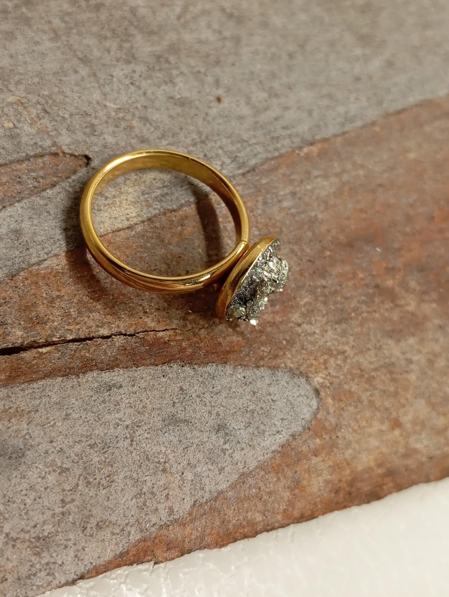 Pyrite ring adjustable stainless steel dainty ring, wealth stone, protection stone ring, natural raw gemstone