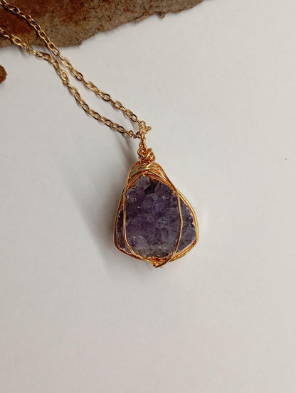 Natural Raw Amethyst druzy Crystal cluster Pendant Necklace For Women, wire wrap Gemstone Necklace,Healing Protection,  virgo birthstone