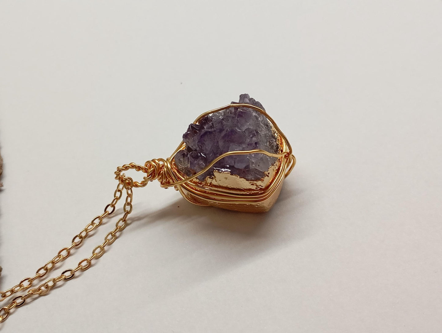 Natural Raw Amethyst druzy Crystal cluster Pendant Necklace For Women, wire wrap Gemstone Necklace,Healing Protection,  virgo birthstone