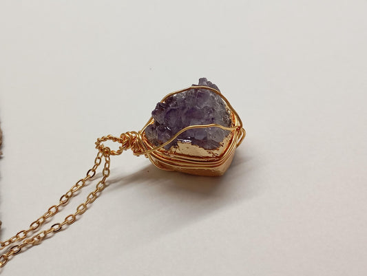 Natural Raw Amethyst druzy Crystal cluster Pendant Necklace For Women, wire wrap Gemstone Necklace,Healing Protection,  virgo birthstone