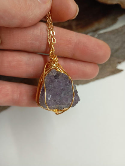 Natural Raw Amethyst druzy Crystal cluster Pendant Necklace For Women, wire wrap Gemstone Necklace,Healing Protection,  virgo birthstone