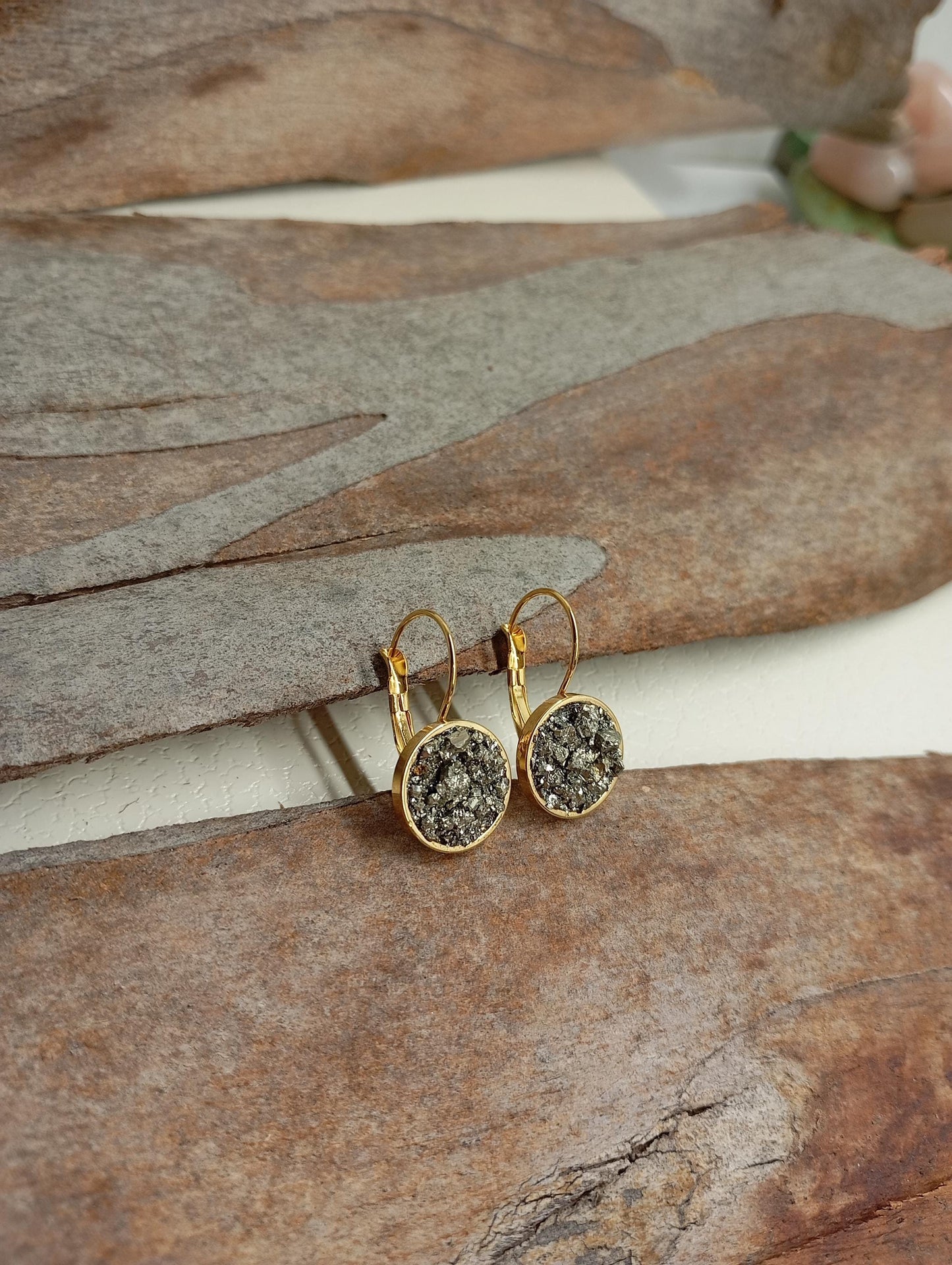Gold-Plated Stainless Steel Earrings with Natural Pyrite – Elegant Handmade Jewelry,  Protection, Catching eye, Sparkly crystals