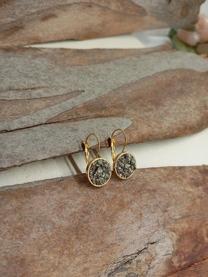 Gold-Plated Stainless Steel Earrings with Natural Pyrite – Elegant Handmade Jewelry,  Protection, Catching eye, Sparkly crystals