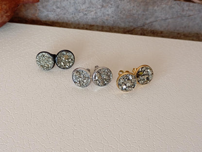 Raw Pyrite Stud Earrings round cabochon studs raw Iron Pyrite cubes jewelry,healing protection dainty handmade gemstone gift for girlfriend
