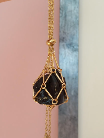 Raw Obsidian Necklace, Stainless Steel Cage Replaceable Crystal Pendant Necklace, Rough Black Obsidian Pendant, Protection Jewelry women