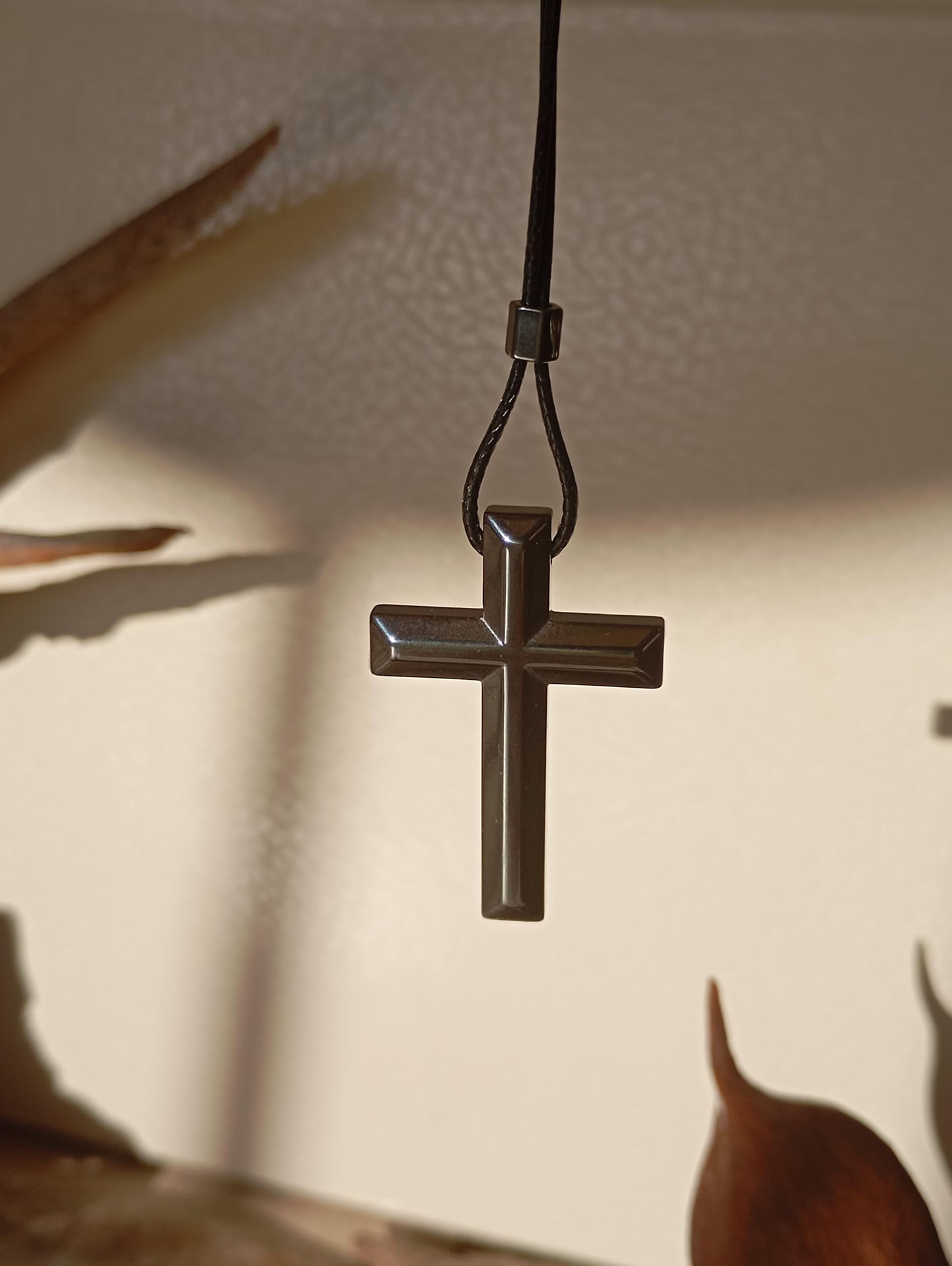 Hematite Cross Pendant Necklace,  Christian Religious Classic Cross Gemstone Cross, black cord necklace Men  Gift for beliver, prayer