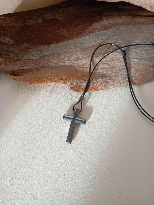 Hematite Cross Pendant Necklace,  Christian Religious Classic Cross Gemstone Cross, black cord necklace Men  Gift for beliver, prayer