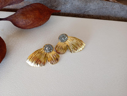 Natural Pyrite Earrings, flower leafs studs, wealth stone, Stainless steel studs , Handmade natural-inspired Bohemian Dainty Elegant Unique