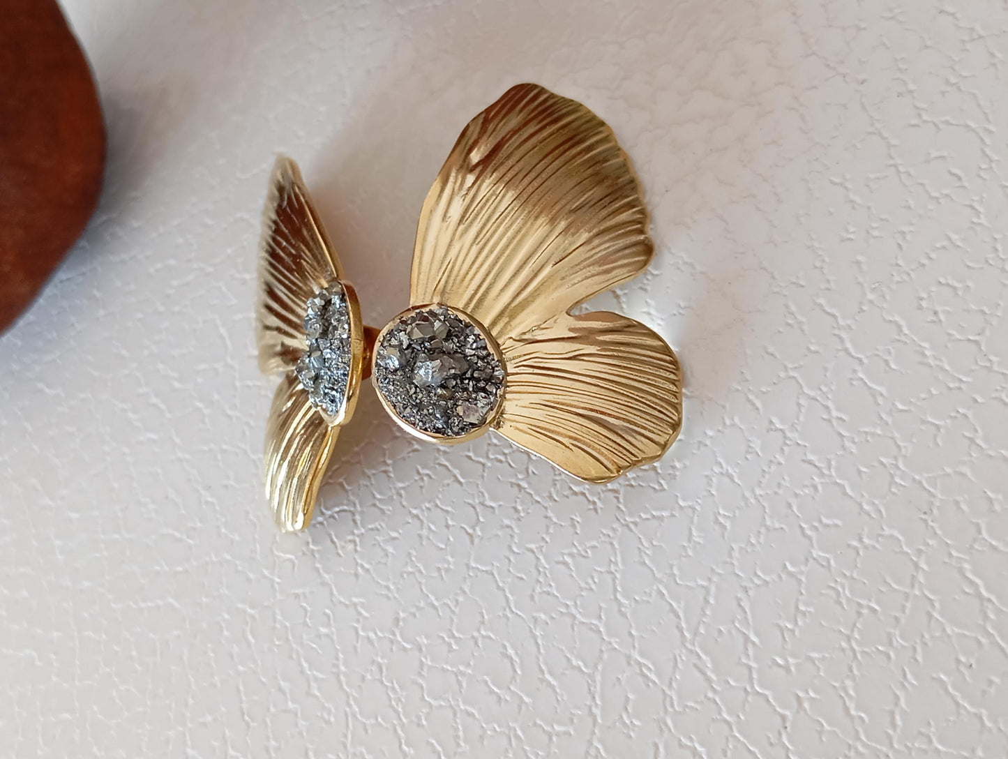 Natural Pyrite Earrings, flower leafs studs, wealth stone, Stainless steel studs , Handmade natural-inspired Bohemian Dainty Elegant Unique