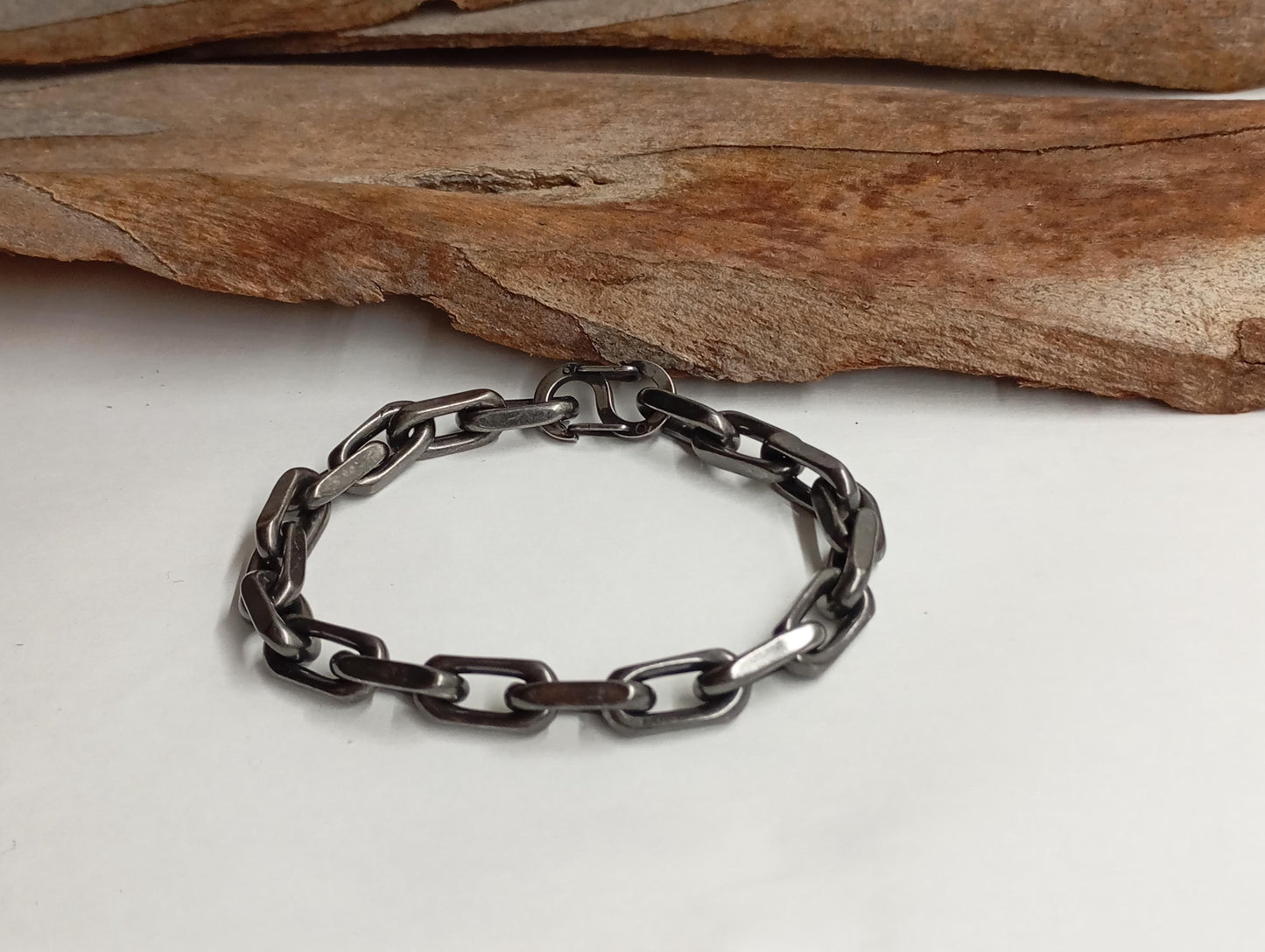 Handmade Rustic Oxidized Steel Chain Bracelet  Chunky Industrial-Style with Hook Clasp, bicycle chain