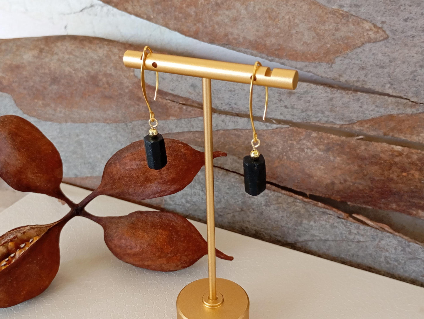 Raw Black Tourmaline Earrings, Stainless steel earrings, Raw Crystal Earrings,Healing Protection Long Dainty Elegant Natural Gemstone