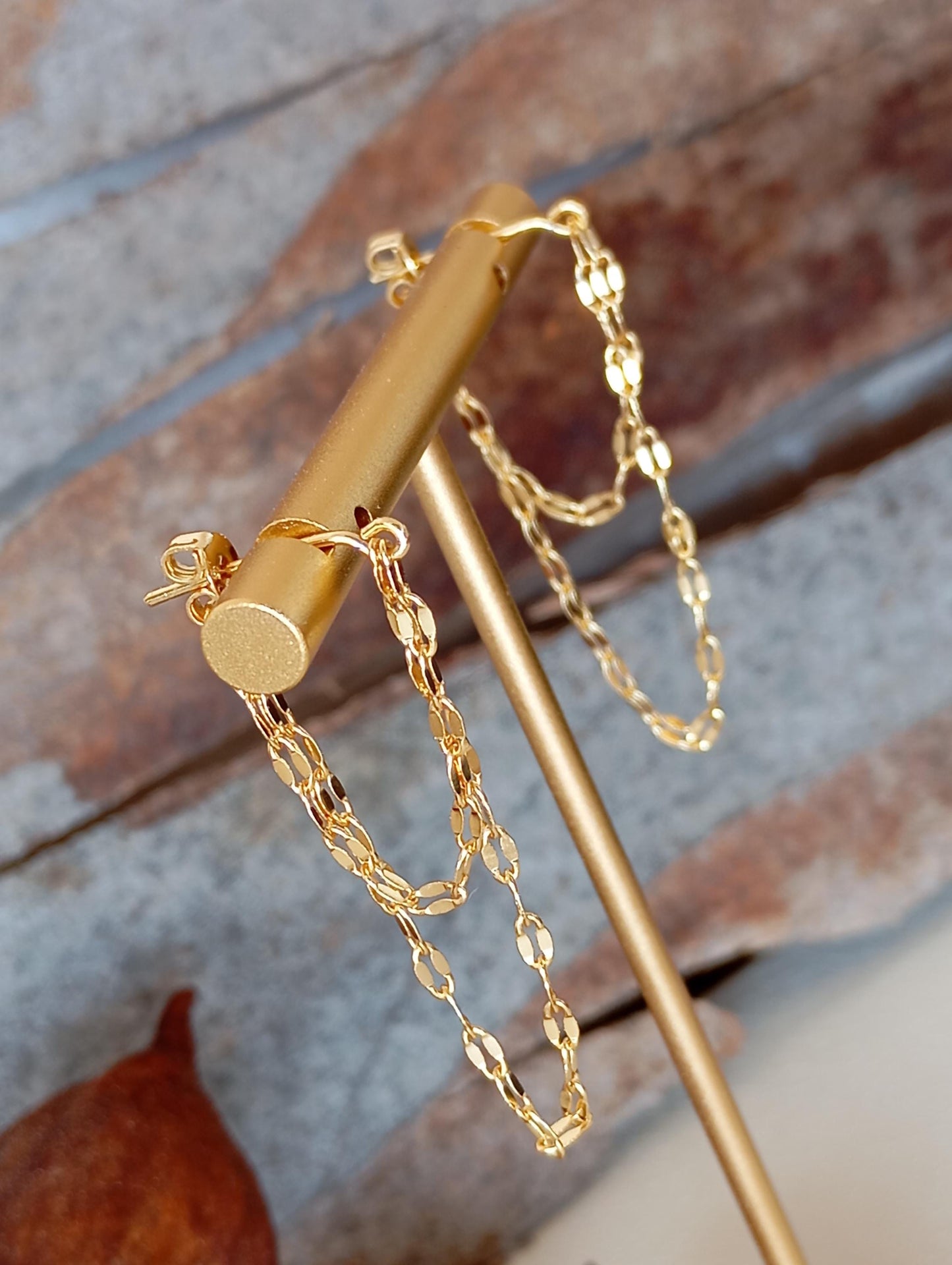 Elegant Double Chain Earrings Studs, sterling silver & gold plated, fashion design, Party, Wedding, Daily, Dainty, trendy