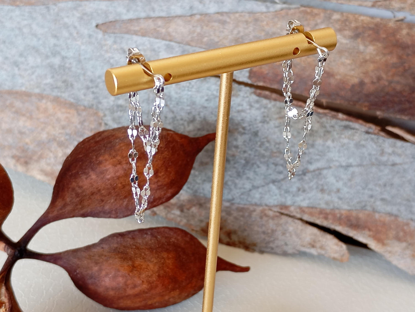 Elegant Double Chain Earrings Studs, sterling silver & gold plated, fashion design, Party, Wedding, Daily, Dainty, trendy