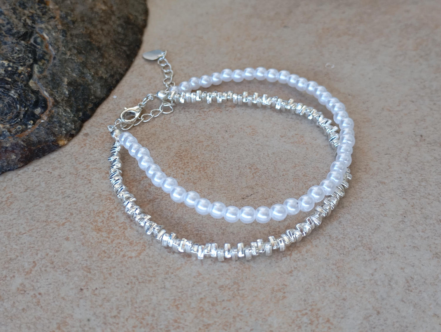 Sterling Silver Bracelet with White Pearl Beads