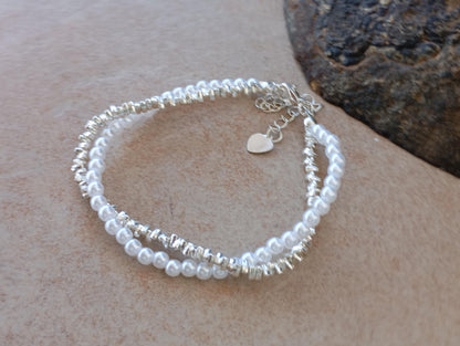 Sterling Silver Bracelet with White Pearl Beads