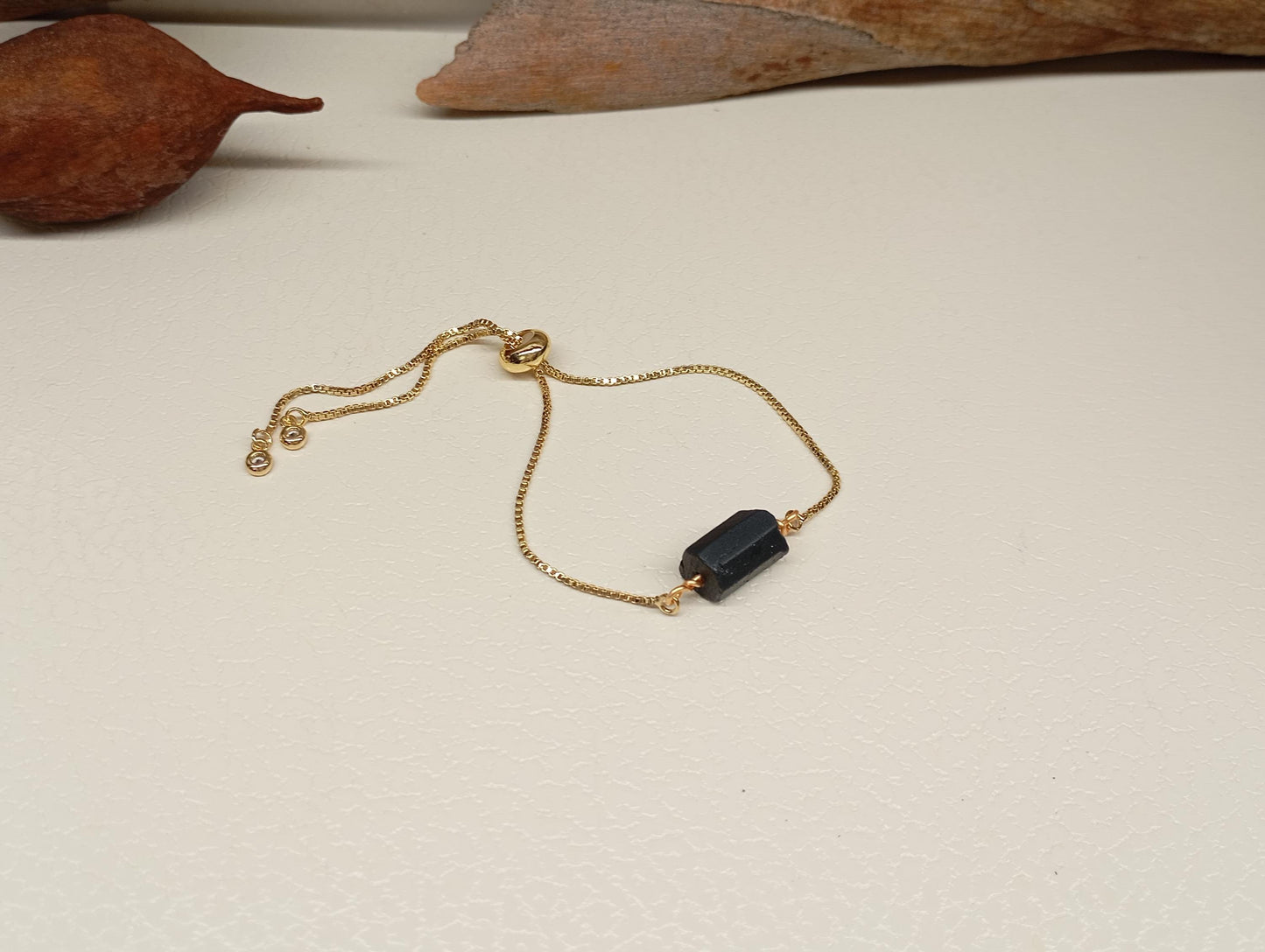 Black Tourmaline Bracelet Gold plated adjustable chain, Natural Raw Gemstone, Healing,Protection from negative energy and evil eye, mascot
