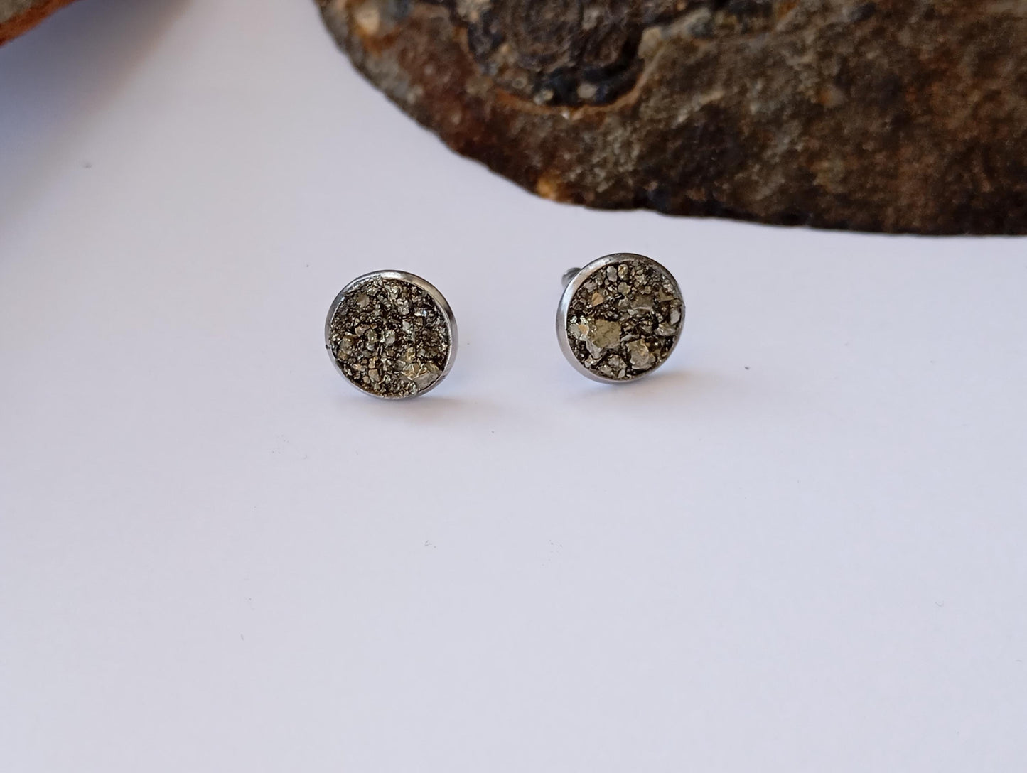 Raw Pyrite Stud Earrings round cabochon studs raw Iron Pyrite cubes jewelry,healing protection dainty handmade gemstone gift for girlfriend