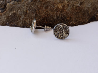 Raw Pyrite Stud Earrings round cabochon studs raw Iron Pyrite cubes jewelry,healing protection dainty handmade gemstone gift for girlfriend