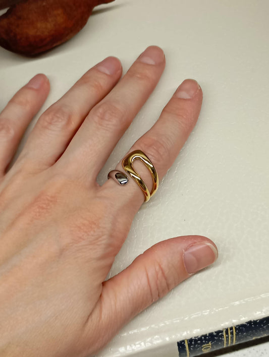 Modern adjustable stainless steel waterproof hypoallergenic 18K gold plated asymmetric open finger ring trendy fashion, gift for girlfriend