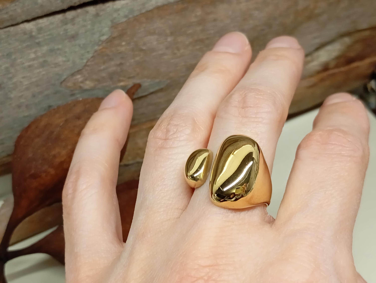 Bold Asymmetric Open Ring – 18K Gold Plated Stainless Steel Adjustable Statement Ring, Waterproof Jewelry for Her