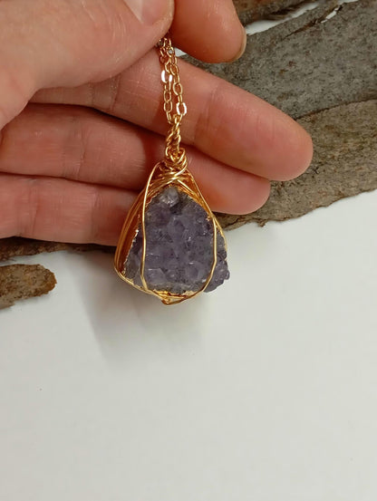 Natural Raw Amethyst druzy Crystal cluster Pendant Necklace For Women, wire wrap Gemstone Necklace,Healing Protection,  virgo birthstone