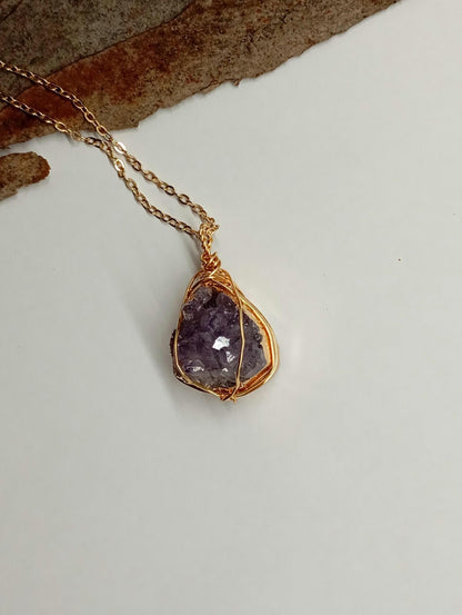 Natural Raw Amethyst druzy Crystal cluster Pendant Necklace For Women, wire wrap Gemstone Necklace,Healing Protection,  virgo birthstone