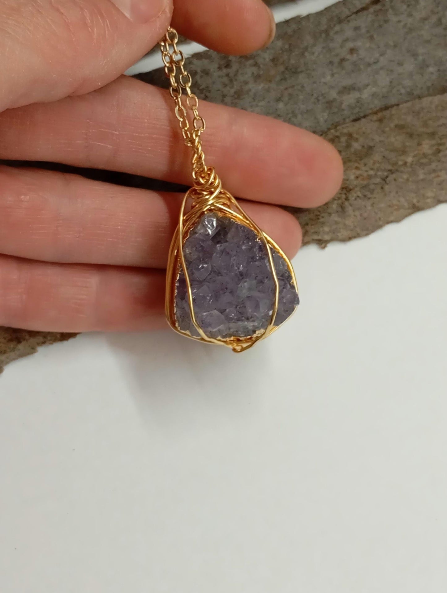 Natural Raw Amethyst druzy Crystal cluster Pendant Necklace For Women, wire wrap Gemstone Necklace,Healing Protection,  virgo birthstone