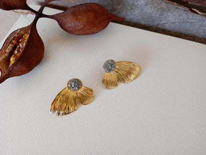 Natural Pyrite Earrings, flower leafs studs, wealth stone, Stainless steel studs , Handmade natural-inspired Bohemian Dainty Elegant Unique