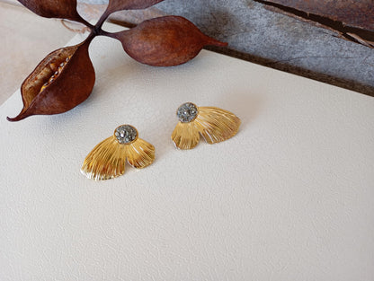 Natural Pyrite Earrings, flower leafs studs, wealth stone, Stainless steel studs , Handmade natural-inspired Bohemian Dainty Elegant Unique
